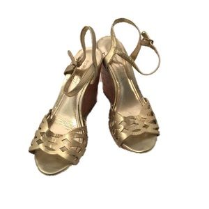 BCBG Gold and Cork Wedge Sandals